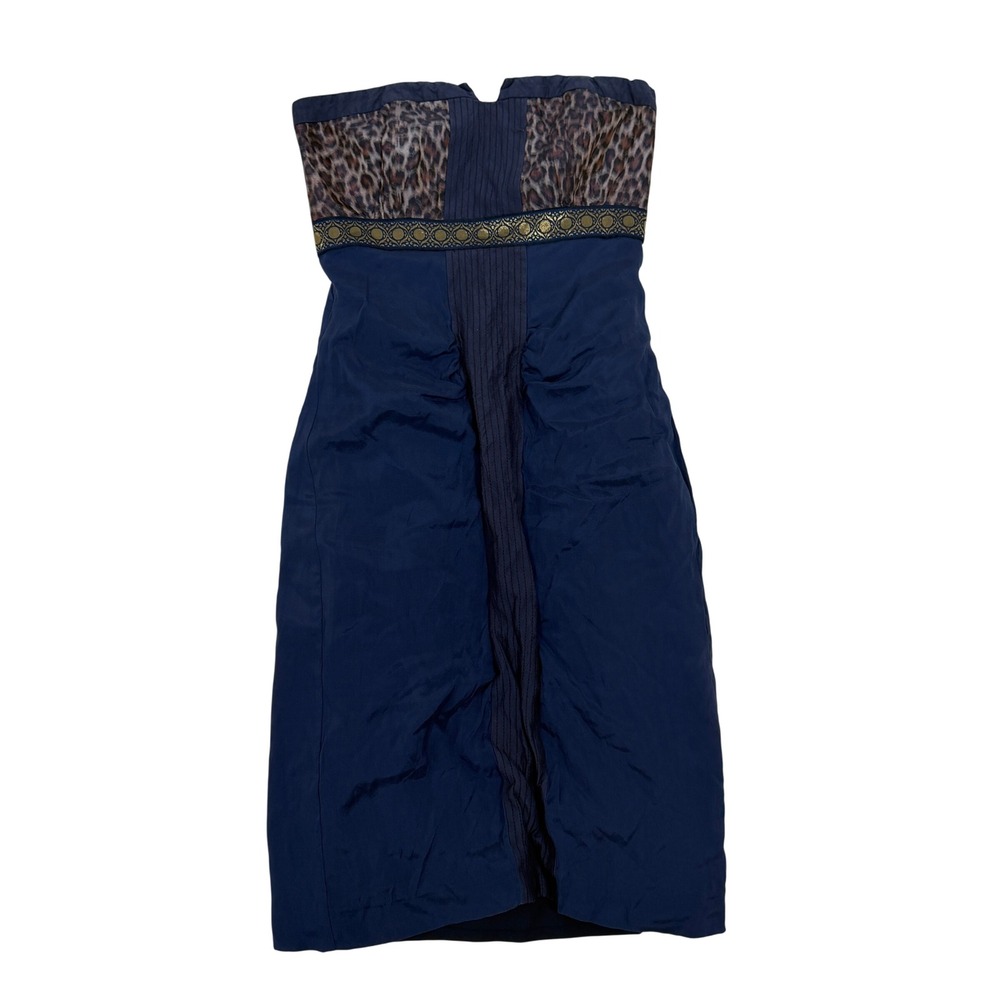 Nicole Miller Strapless Dress Womens 2 Navy Leopard Silk Excellent Ruched Mini